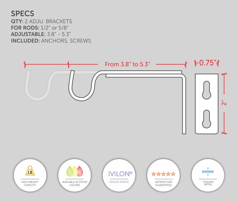 Ivilon حوامل إيفيلون القابلة للتعديل لعمود الستائر - لعمود 1/2 أو 5/8 بوصة. مجموعة من 2 - برونز مصقول بالزيت - Image 3